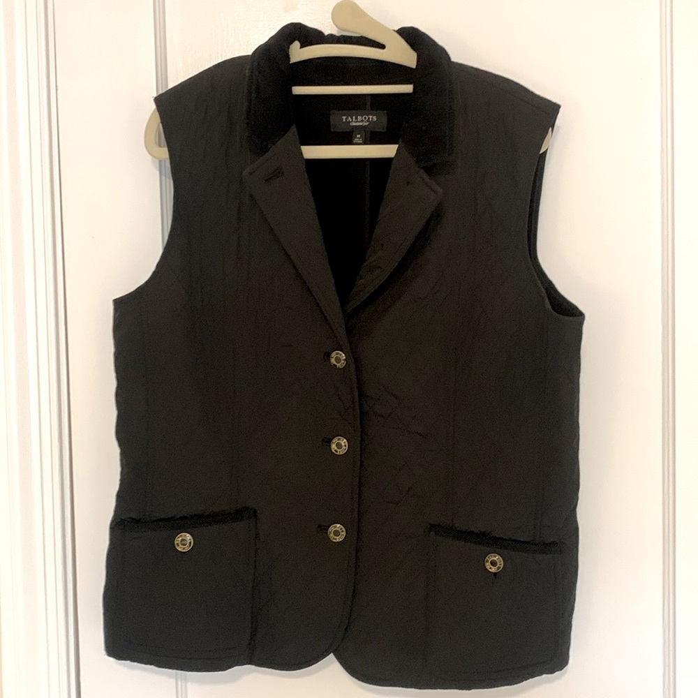 Talbots Black Quilted Vest with Faux Fur Collar